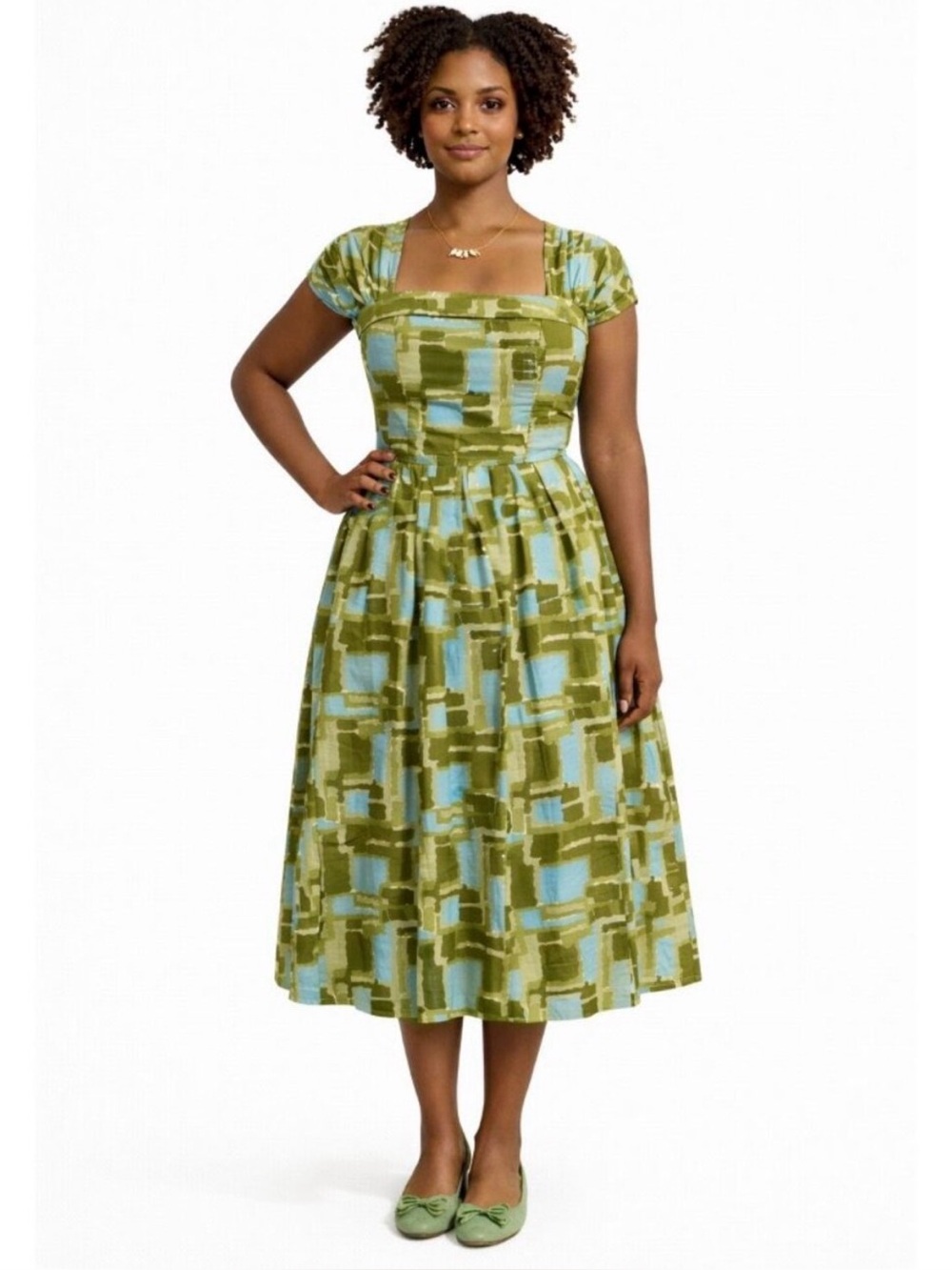 Anthropologie Lazybones Australia Laura Retro Geometric Midi Dress Blue Green MD